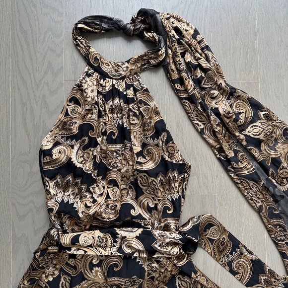 Alice + Olivia DITA Black Gold Spring Paisley Maxi Dress Halter Belt - Size 2 - Picture 6 of 12